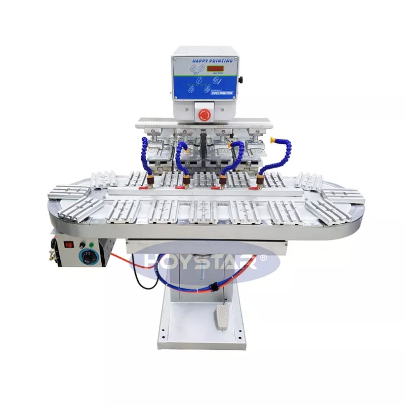 Didelio dydžio keturių spalvų tamponinis spausdintuvas su konvejeriu